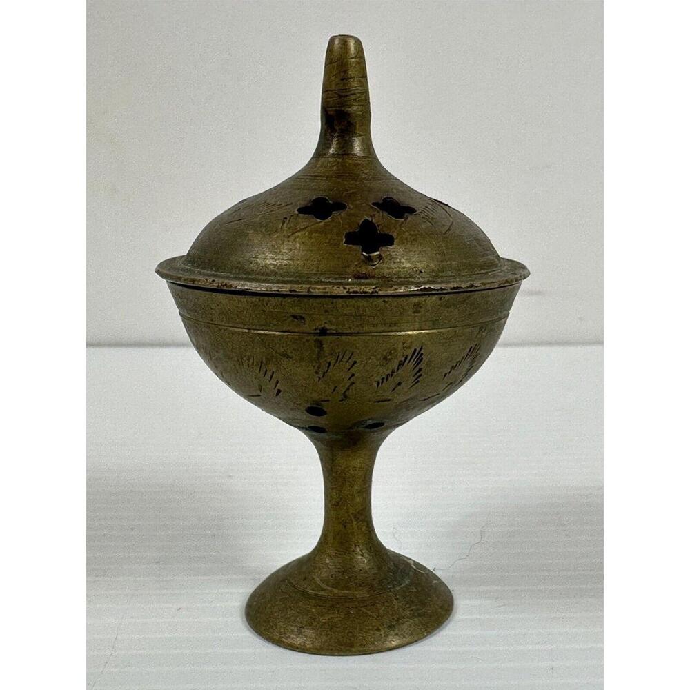 Vintage Incense Burner Solid Brass Etched Pedestal Bowl with Lid Made in‎ India